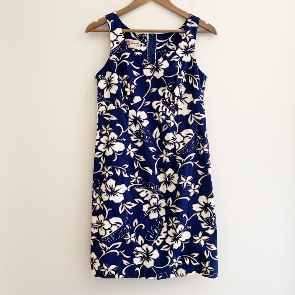 Hilo Hattie Vintage Blue Hibiscus Print Shift Dress Sz 8 Hawaiian Summer
